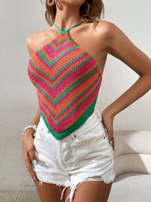 SHEIN VCAY Áo dệt kim nữ Bất đối xứng Lộ Lưng Hội Chữ thập Buộc lại In chữ V Gợi cảm - Nhiều màu - Xem 1