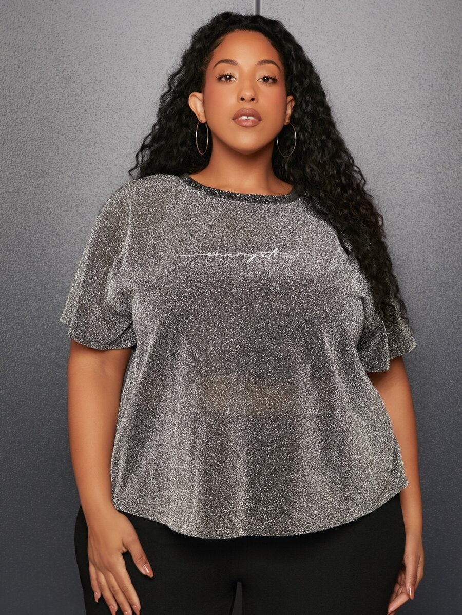 SHEIN CURVE+ Plus Letter Graphic Glitter Tee - Silver - View 1