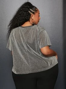 SHEIN CURVE+ Plus Letter Graphic Glitter Tee - Silver - View 2
