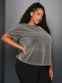 SHEIN CURVE+ Plus Letter Graphic Glitter Tee - Silver - View 3