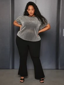 SHEIN CURVE+ Plus Letter Graphic Glitter Tee - Silver - View 4