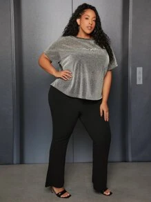 SHEIN CURVE+ Plus Letter Graphic Glitter Tee - Silver - View 5