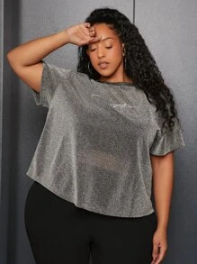 SHEIN CURVE+ Plus Letter Graphic Glitter Tee - Silver - View 6