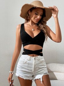 SHEIN VCAY Wrap Cross Crop Tank Knit Top - Black - View 4