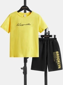 SHEIN Boys Letter Graphic Tee & Shorts - Multicolor - View 1