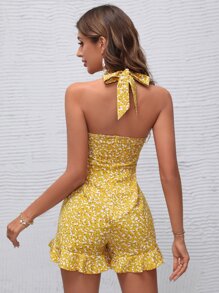 SHEIN VCAY Áo liền quần nữ Lộ Lưng Viên lá sen Buộc lại Họa tiết hoa Boho - Màu vàng - Xem 2