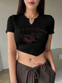 DAZY 字母和花卉印刷v領hanky Hem矮腰t恤