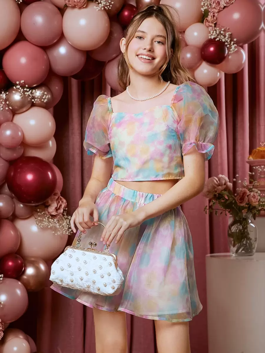 SHEIN 青少年女孩紮染歐根紗上衣和裙子套裝