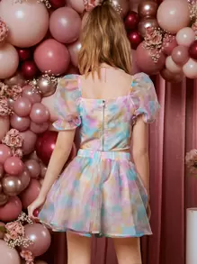 SHEIN 青少年女孩紮染歐根紗上衣和裙子套裝