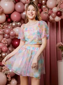 SHEIN 青少年女孩紮染歐根紗上衣和裙子套裝