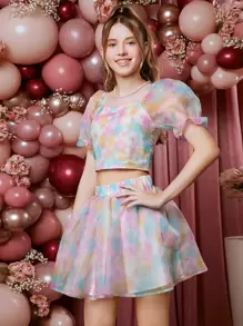 SHEIN 青少年女孩紮染歐根紗上衣和裙子套裝