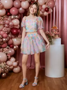 SHEIN 青少年女孩紮染歐根紗上衣和裙子套裝