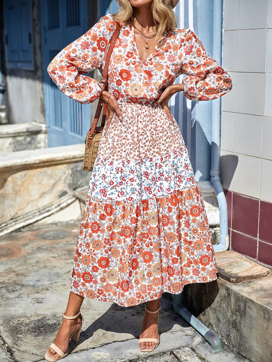 SHEIN VCAY Vestido con estampado floral de manga farol bajo con fruncido - Multicolor - Ver 1