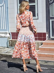 SHEIN VCAY Vestido con estampado floral de manga farol bajo con fruncido - Multicolor - Ver 2