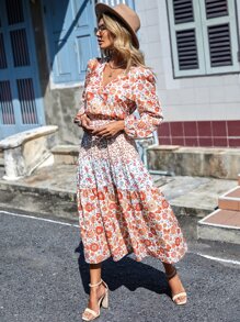 SHEIN VCAY Vestido con estampado floral de manga farol bajo con fruncido - Multicolor - Ver 5