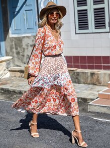 SHEIN VCAY Vestido con estampado floral de manga farol bajo con fruncido - Multicolor - Ver 6