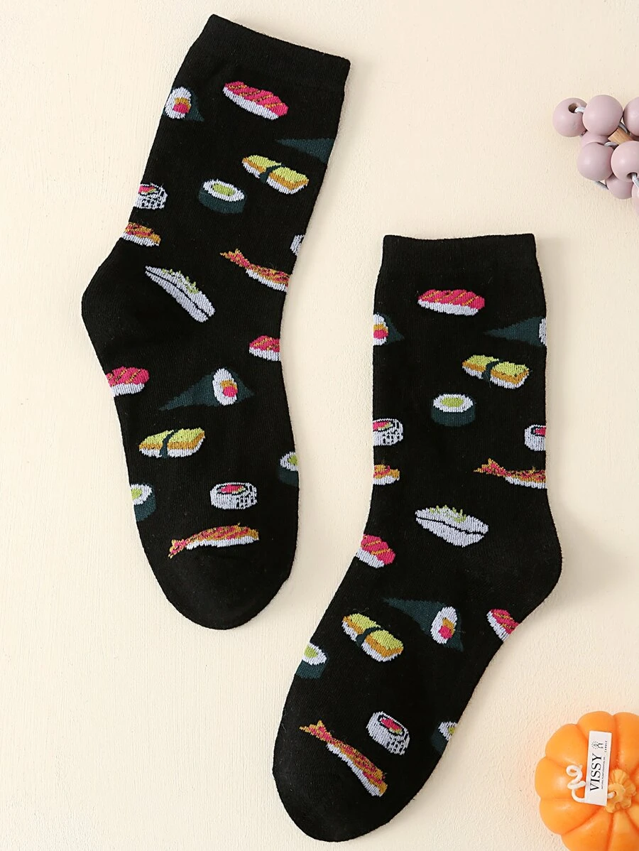 1雙男士透氣吸汗時尚中筒襪，壽司圖案 - 彩色 - 查看 1