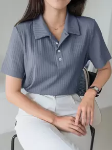 DAZY بلوزة قميص رقبة بولو مضلع مصنوع من الأكريليك، بلوزة كاجوال أنيقة للسيدات بطراز بريبي