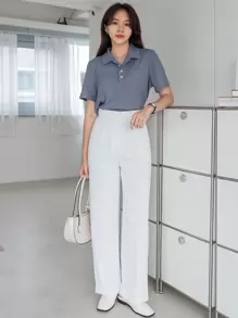 DAZY بلوزة قميص رقبة بولو مضلع مصنوع من الأكريليك، بلوزة كاجوال أنيقة للسيدات بطراز بريبي