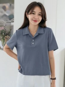 DAZY بلوزة قميص رقبة بولو مضلع مصنوع من الأكريليك، بلوزة كاجوال أنيقة للسيدات بطراز بريبي