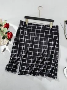 Mulvari Plus Grid Print Split Hem Skirt - Black - View 1