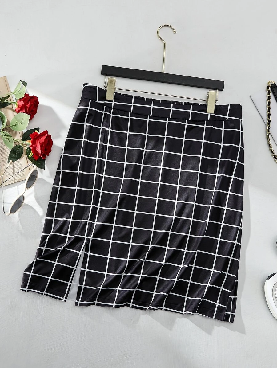 Mulvari Plus Grid Print Split Hem Skirt - Black - View 1