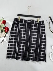 Mulvari Plus Grid Print Split Hem Skirt - Black - View 3