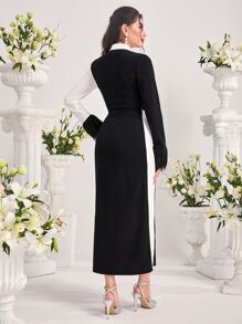 Modelyn Two Tone Shawl Collar Double Breasted Fuzzy Cuff Split Hem Dress - Black and White - View 2