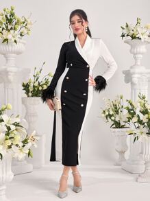 Modelyn Two Tone Shawl Collar Double Breasted Fuzzy Cuff Split Hem Dress - Black and White - View 1