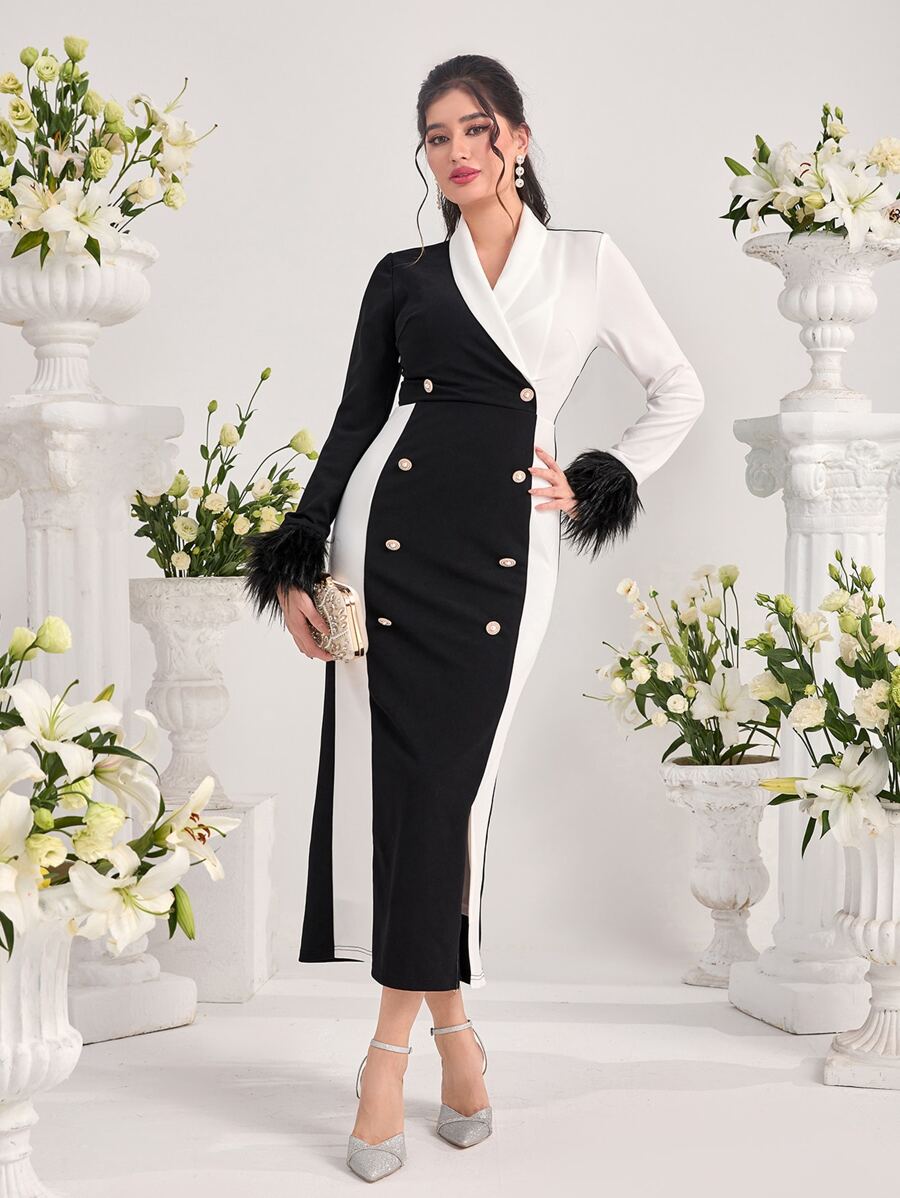 Modelyn Two Tone Shawl Collar Double Breasted Fuzzy Cuff Split Hem Dress - Black and White - View 1