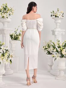 Modelyn Vestido de hombros descubiertos de manga fruncido con cinturón - Blanco - Ver 2