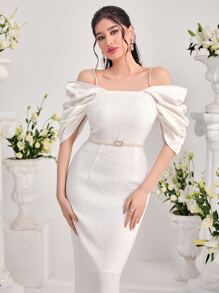 Modelyn Vestido de hombros descubiertos de manga fruncido con cinturón - Blanco - Ver 3