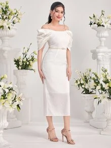 Modelyn Vestido de hombros descubiertos de manga fruncido con cinturón - Blanco - Ver 4