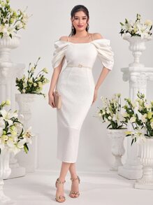 Modelyn Vestido de hombros descubiertos de manga fruncido con cinturón - Blanco - Ver 5