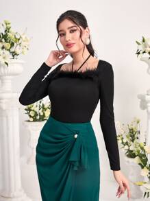 Modelyn Fuzzy Trim Tie Back Tee - Black - View 3