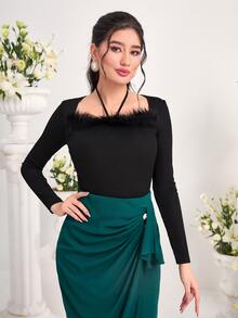 Modelyn Fuzzy Trim Tie Back Tee - Black - View 5