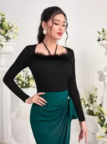 Modelyn Fuzzy Trim Tie Back Tee - Black - View 1