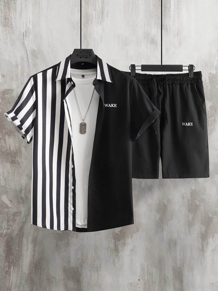 Manfinity Hombres Camisa con estampado de rayas y letra & Shorts sin camiseta - Blanco y Negro - Añade 1