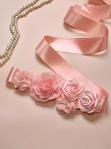 Faux Pearl & Flower Decor Bridal Belt - Pink - View 1
