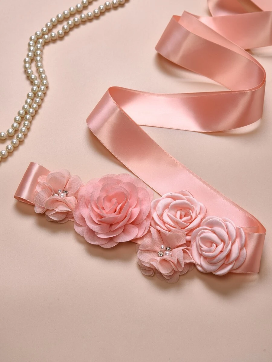 Faux Pearl & Flower Decor Bridal Belt - Pink - View 1