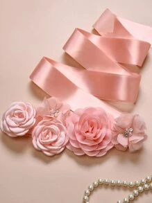 Faux Pearl & Flower Decor Bridal Belt - Pink - View 3
