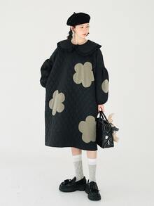 Floral Pattern Statement Collar Lantern Sleeve Dress - Black - View 1