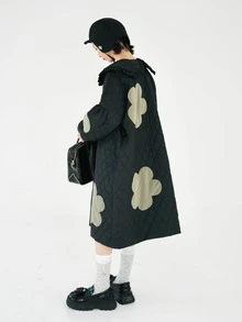 Floral Pattern Statement Collar Lantern Sleeve Dress - Black - View 2
