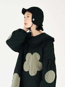 Floral Pattern Statement Collar Lantern Sleeve Dress - Black - View 4