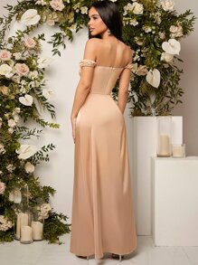 SHEIN Belle Váy phù dâu Dây kéo Tách cao Nếp gấp Phần Ngực màu trơn - Màu be - Xem 2