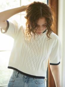 Knit Mix Contrast Trim Cable Knit Top - White - View 1