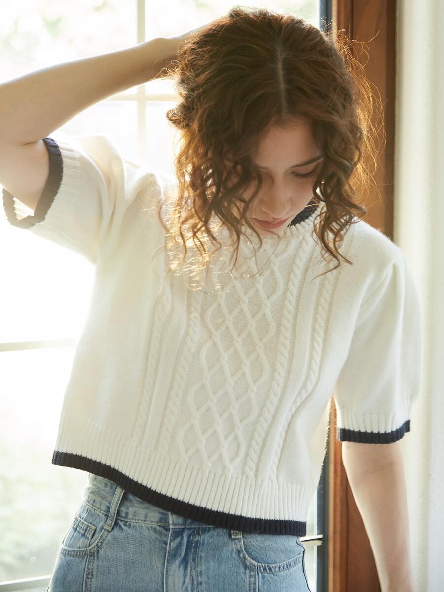 Knit Mix Contrast Trim Cable Knit Top - White - View 1