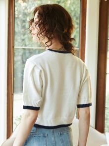 Knit Mix Contrast Trim Cable Knit Top - White - View 2