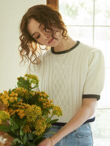 Knit Mix Contrast Trim Cable Knit Top - White - View 5