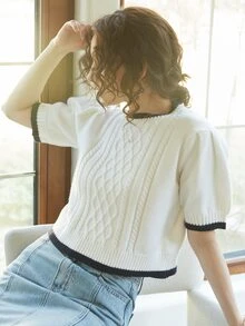 Knit Mix Contrast Trim Cable Knit Top - White - View 7